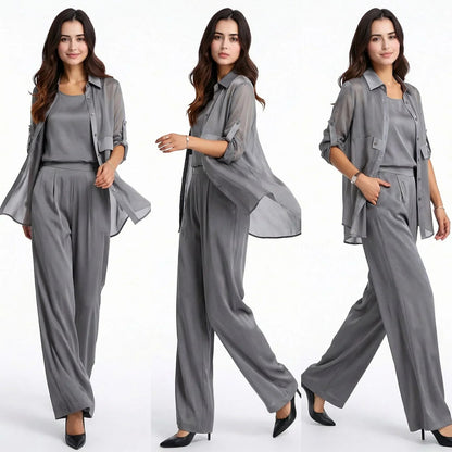 Conjunto Acetinado Sevilha™ 3 Peças com Blusinha, Camisa Longa e Calça
