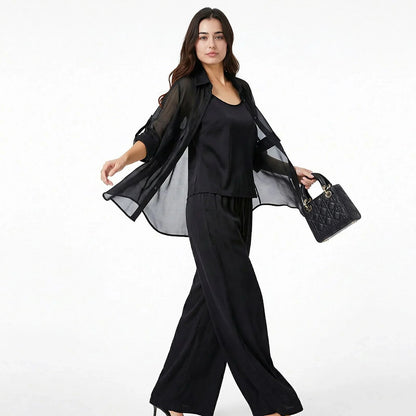 Conjunto Acetinado Sevilha™ 3 Peças com Blusinha, Camisa Longa e Calça