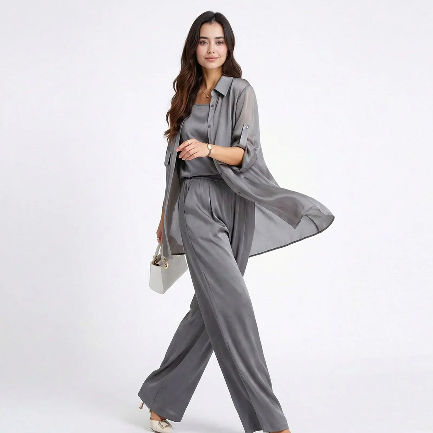 Conjunto Acetinado Sevilha™ 3 Peças com Blusinha, Camisa Longa e Calça