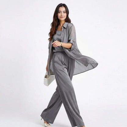Conjunto Acetinado Sevilha™ 3 Peças com Blusinha, Camisa Longa e Calça