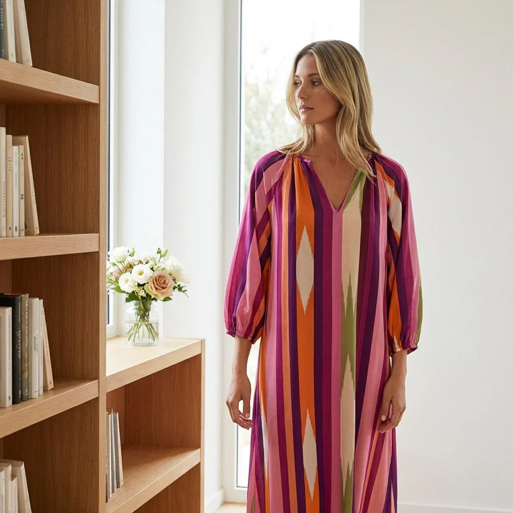 Vestido Camélia™ em Viscose com Decote em V e Mangas Levemente Bufantes