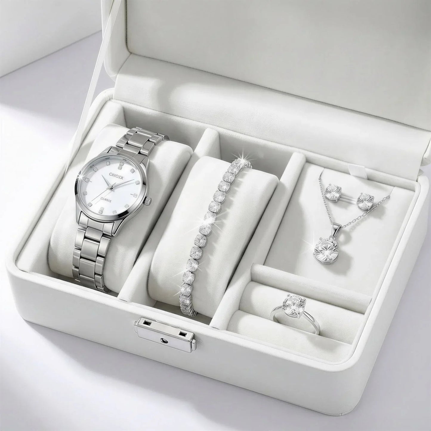 Conjunto Majestade™ Coleção Luxo Prateado com 5 Peças Relógio e Joias