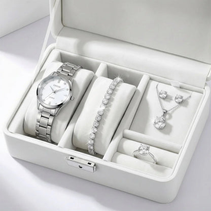 Conjunto Majestade™ Coleção Luxo Prateado com 5 Peças Relógio e Joias