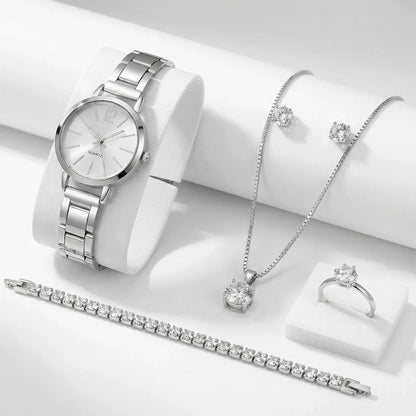 Conjunto Majestade™ Coleção Luxo Prateado com 5 Peças Relógio e Joias