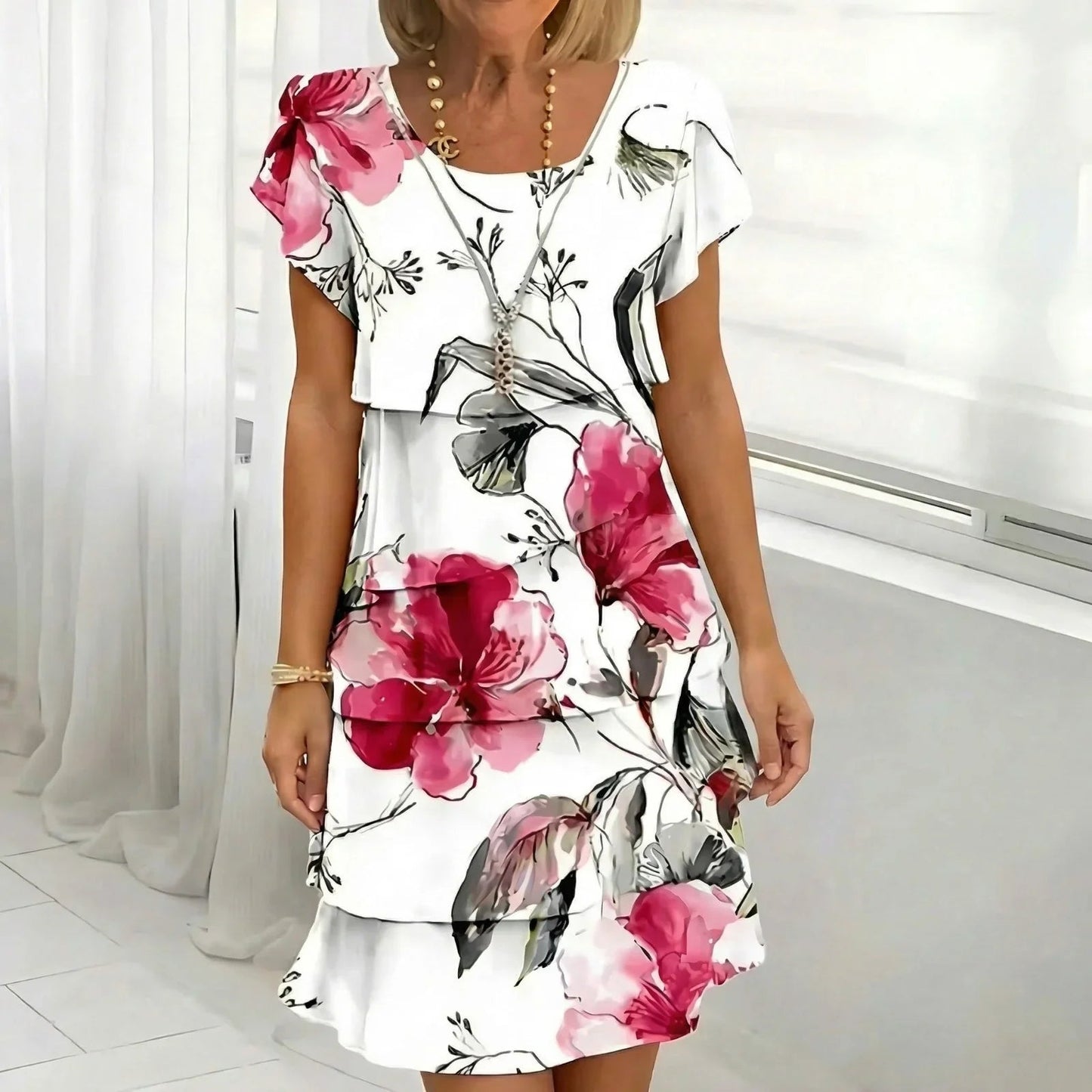 Vestido Floral Cremona™ com Design em Camadas e Mangas Levemente Bufantes