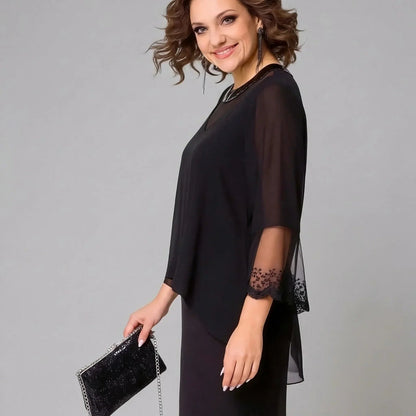 Vestido Elise™ com Sobreposição e Mangas Transparentes