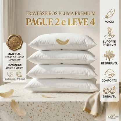 (Pague 2 Leve 4) Kit 4 Travesseiros Premium Pluma de Ganso Alto Padrão 50x70cm