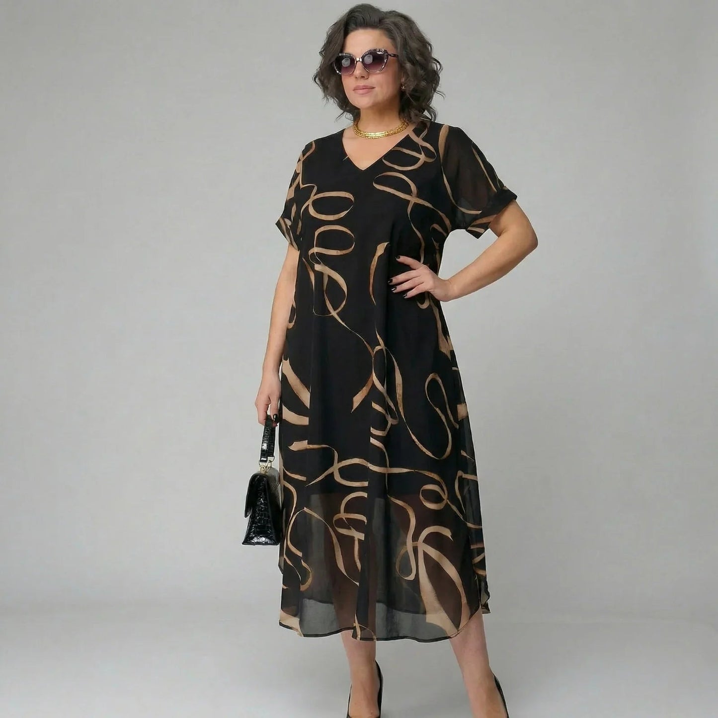 Vestido Francesca™ com Babado e Estampa Dourada