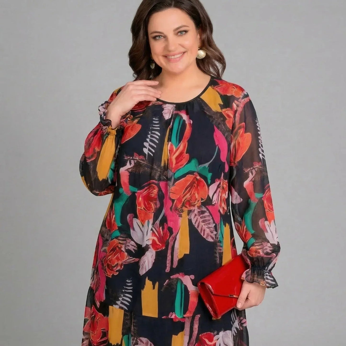 Vestido Gardênia™ com Mangas Fluidas e Estampa Vibrante