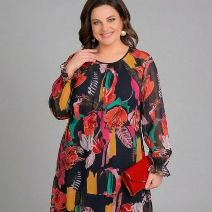 Vestido Gardênia™ com Mangas Fluidas e Estampa Vibrante