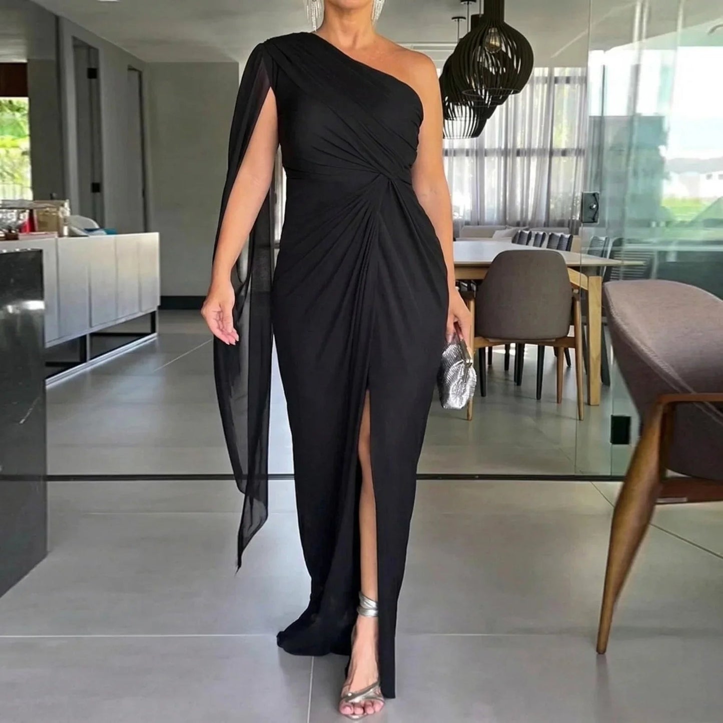 Vestido Longo Catarina™ Drapeado com Ombro Único