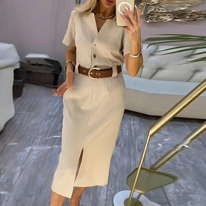 Vestido Maitê™ estilo Camisa com Fenda Frontal Elegante