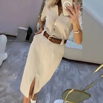 Vestido Maitê™ estilo Camisa com Fenda Frontal Elegante