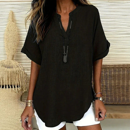 Blusinha Maya™ com Barra Curva Delicada e Decote em V com Abertura