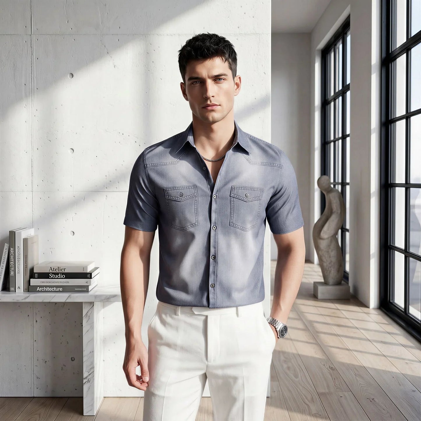 Camisa Vittorio™ em Denim Premium com Lavagem Degradê