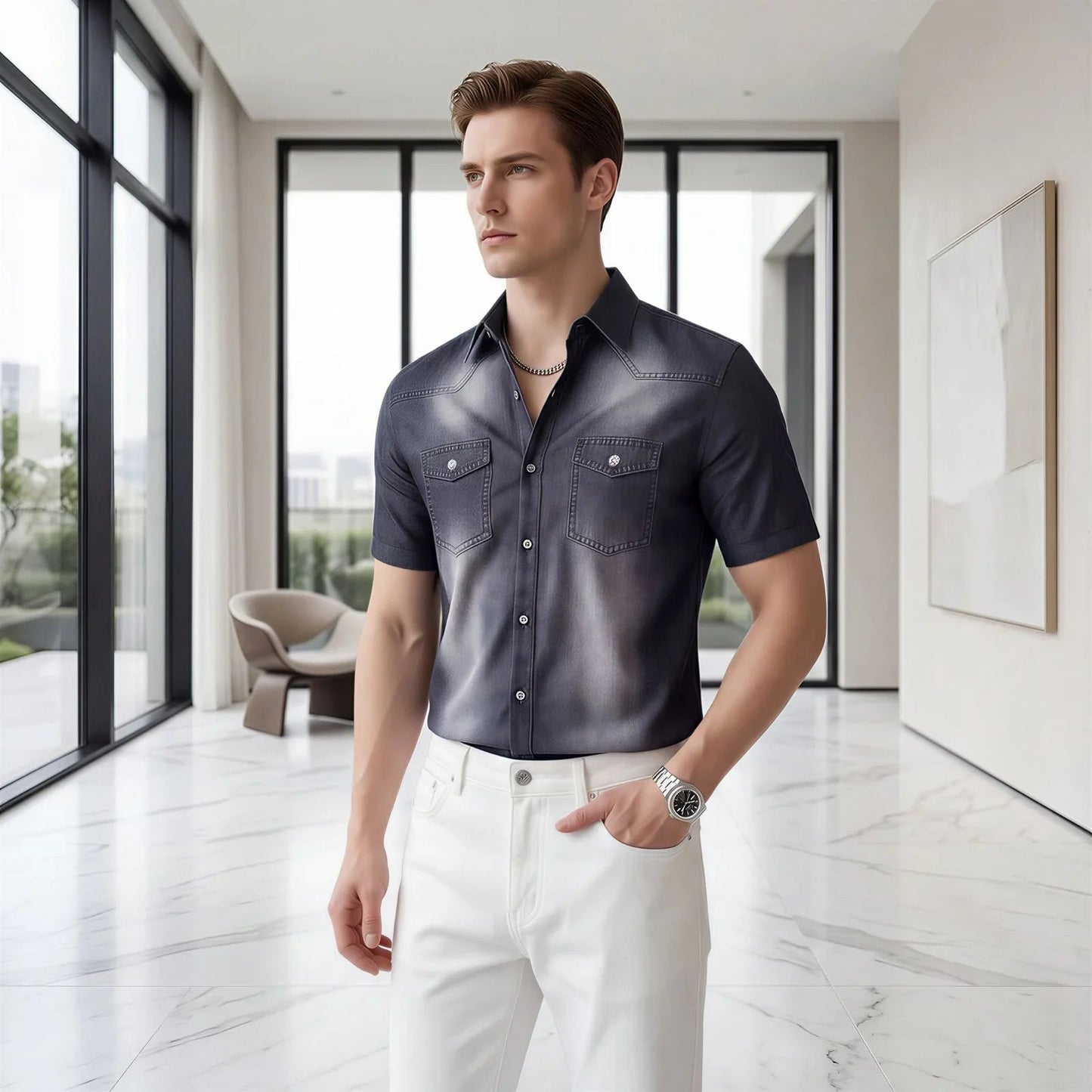 Camisa Vittorio™ em Denim Premium com Lavagem Degradê