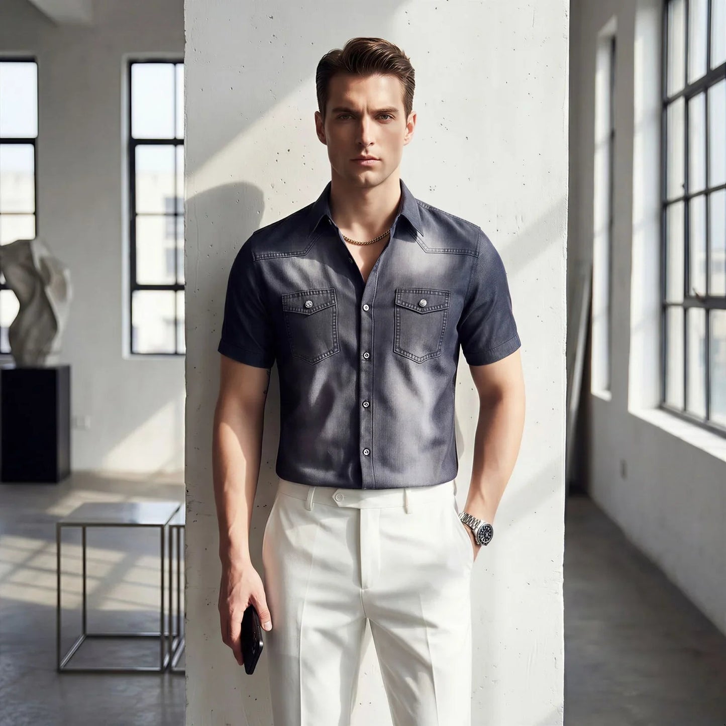 Camisa Vittorio™ em Denim Premium com Lavagem Degradê