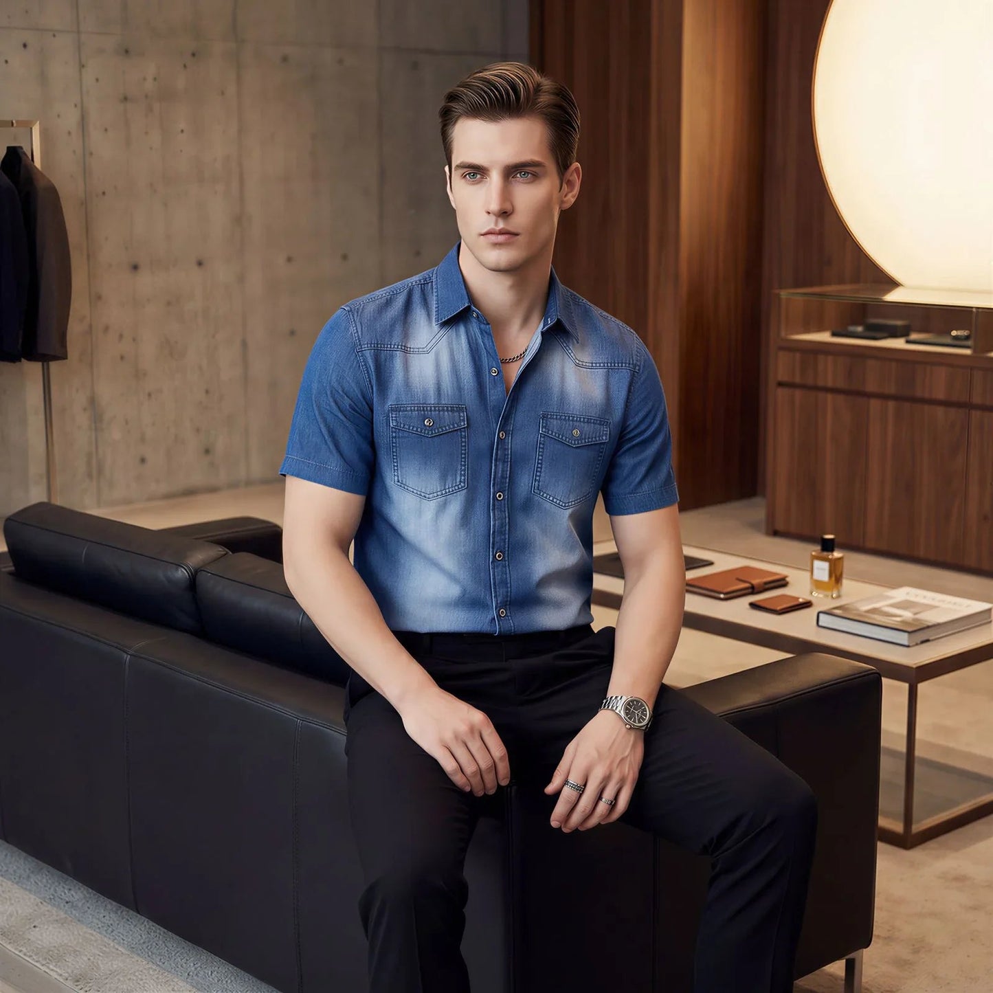 Camisa Vittorio™ em Denim Premium com Lavagem Degradê