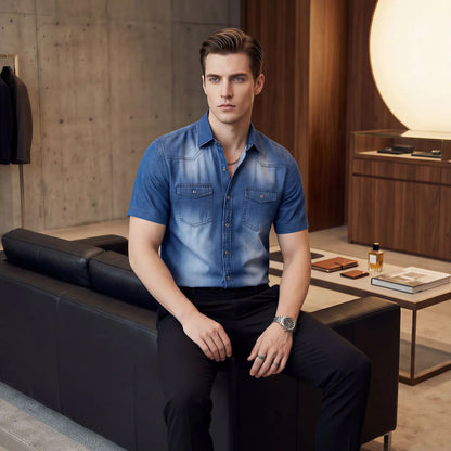 Camisa Vittorio™ em Denim Premium com Lavagem Degradê