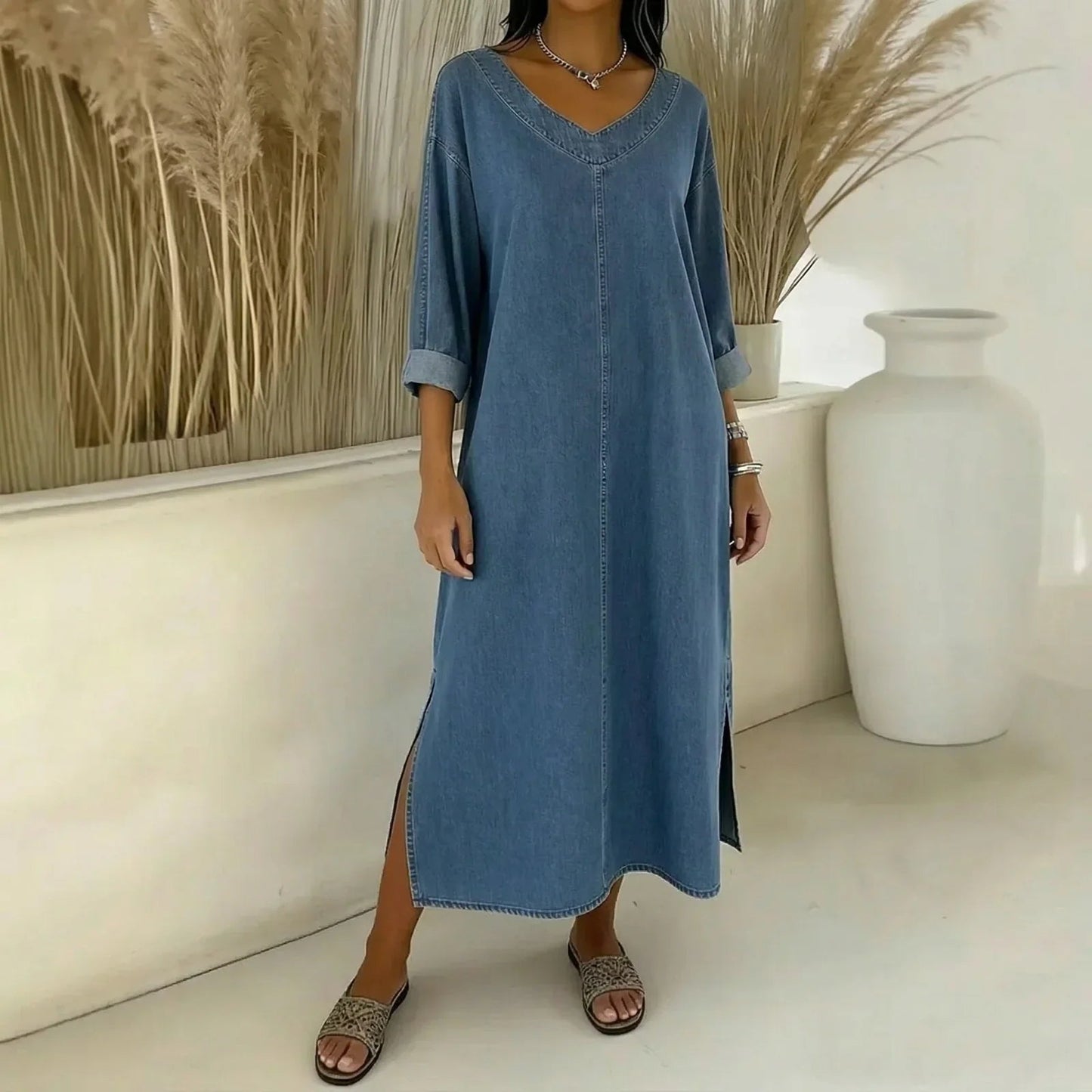 Vestido Santorini™ com Fendas Laterais e Toque Rústico