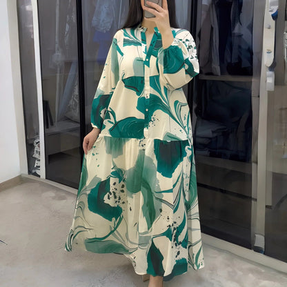 Vestido Marrakesh™ Longo com Estampas Artísticas e Mangas Bufantes