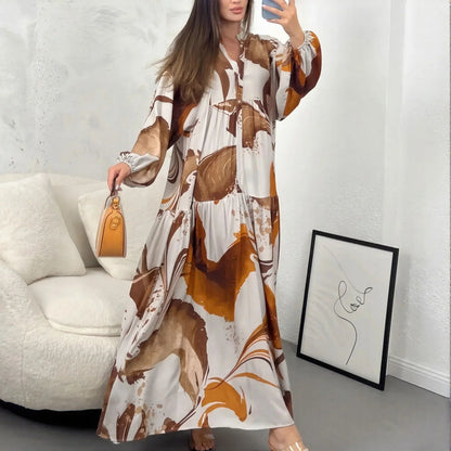 Vestido Marrakesh™ Longo com Estampas Artísticas e Mangas Bufantes
