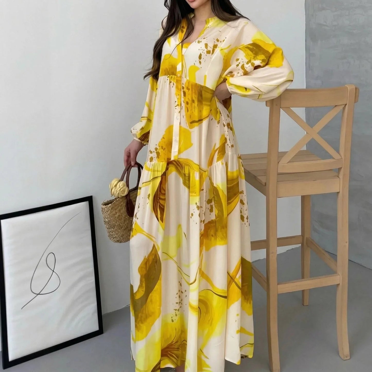 Vestido Marrakesh™ Longo com Estampas Artísticas e Mangas Bufantes