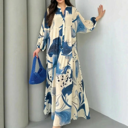 Vestido Marrakesh™ Longo com Estampas Artísticas e Mangas Bufantes