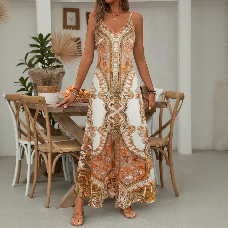 Vestido Aruba™ Longo com Estampa Ornamental e Alças Finas