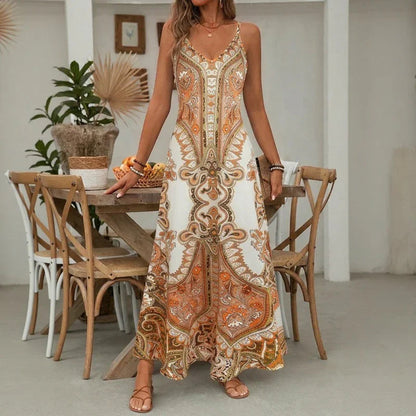 Vestido Aruba™ Longo com Estampa Ornamental e Alças Finas