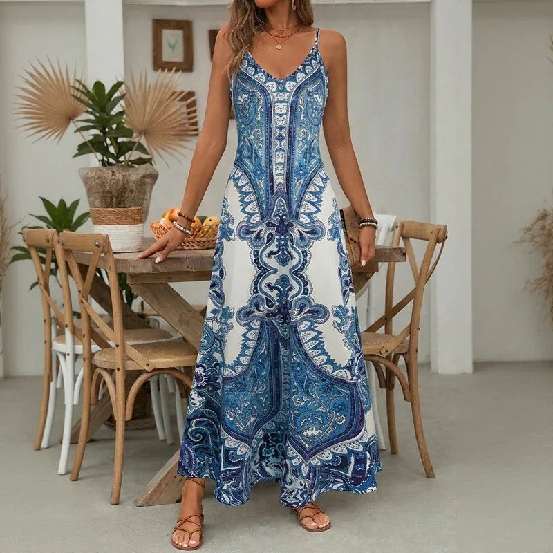 Vestido Aruba™ Longo com Estampa Ornamental e Alças Finas