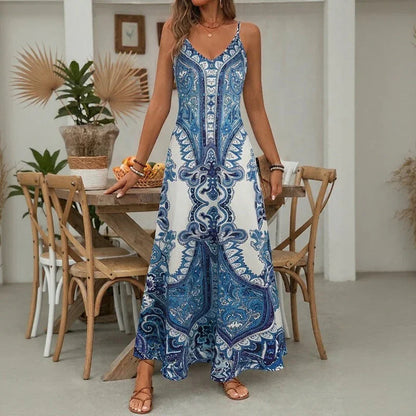 Vestido Aruba™ Longo com Estampa Ornamental e Alças Finas