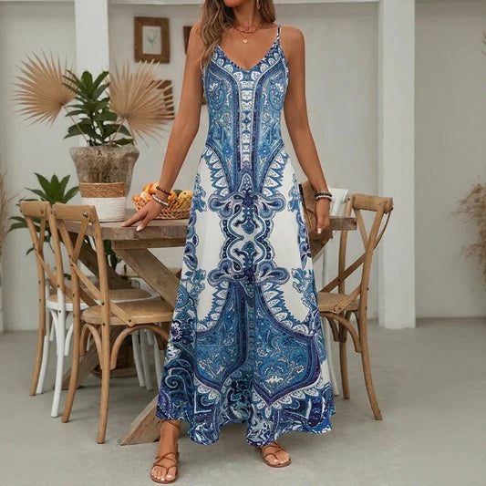 Vestido Aruba™ Longo com Estampa Ornamental e Alças Finas