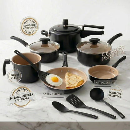 Jogo Panelas 9 Peças Antiaderente Modern Lar™ Conjunto Cozinha Completa Com Acessórios Inclusos!