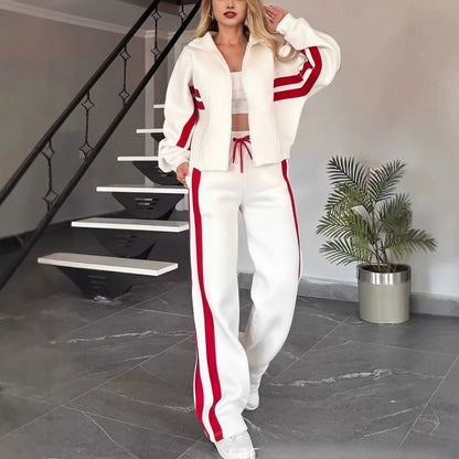 Conjunto Angelina™ com Jaqueta de Gola Alta e Listras Modernas