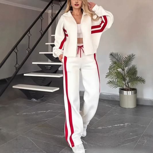 Conjunto Angelina™ com Jaqueta de Gola Alta e Listras Modernas