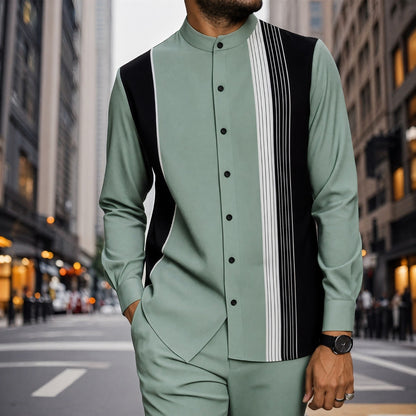 Conjunto Mumbai™ com Gola Mandarim e Detalhe Listrado Moderno