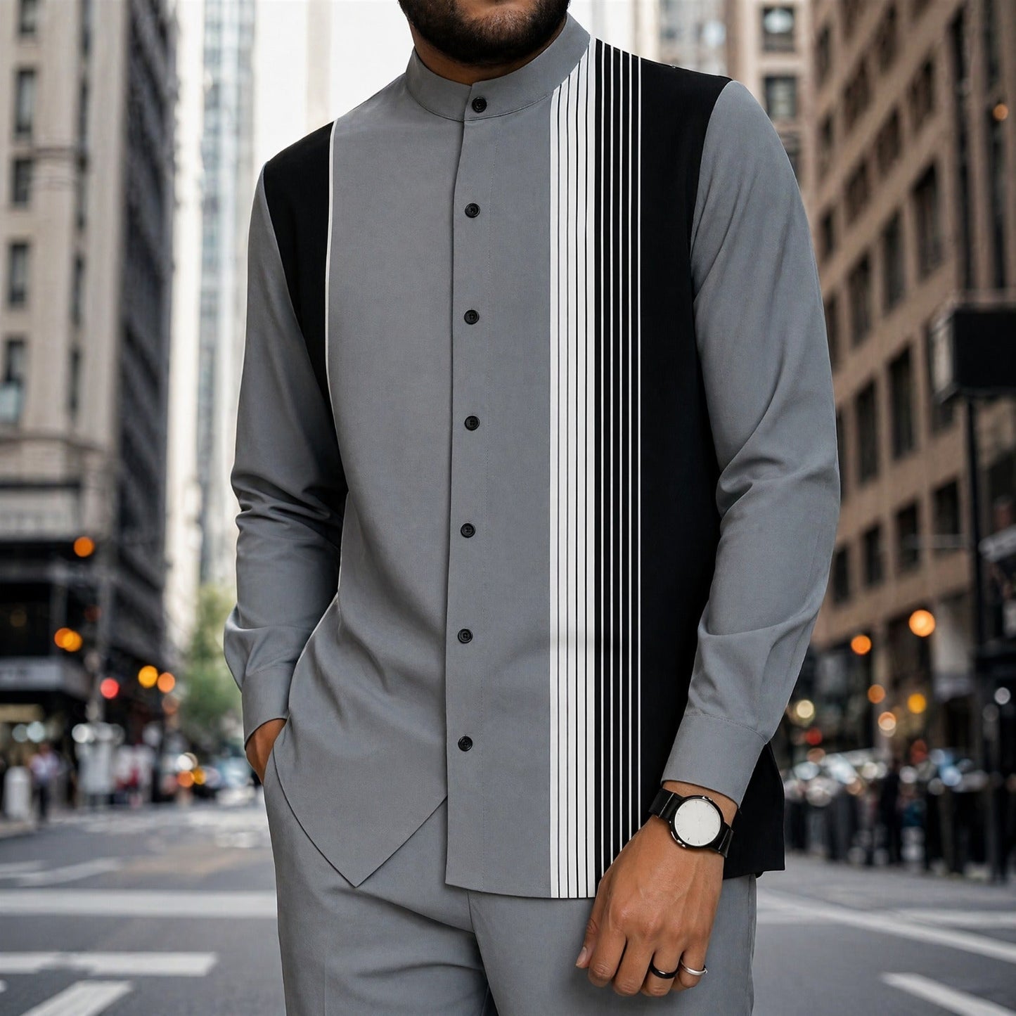 Conjunto Mumbai™ com Gola Mandarim e Detalhe Listrado Moderno