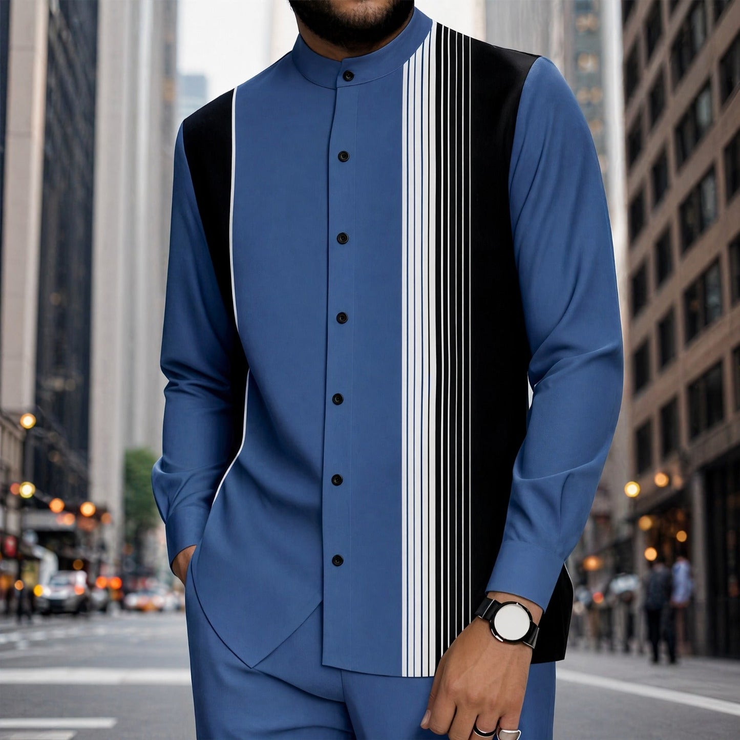 Conjunto Mumbai™ com Gola Mandarim e Detalhe Listrado Moderno