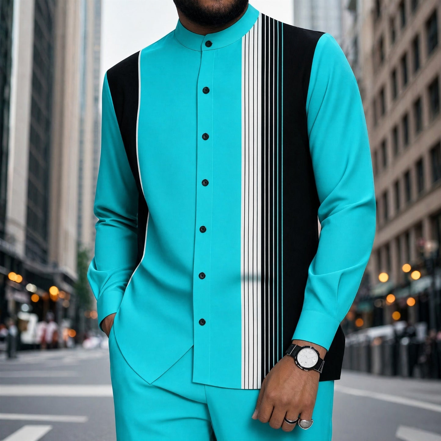Conjunto Mumbai™ com Gola Mandarim e Detalhe Listrado Moderno