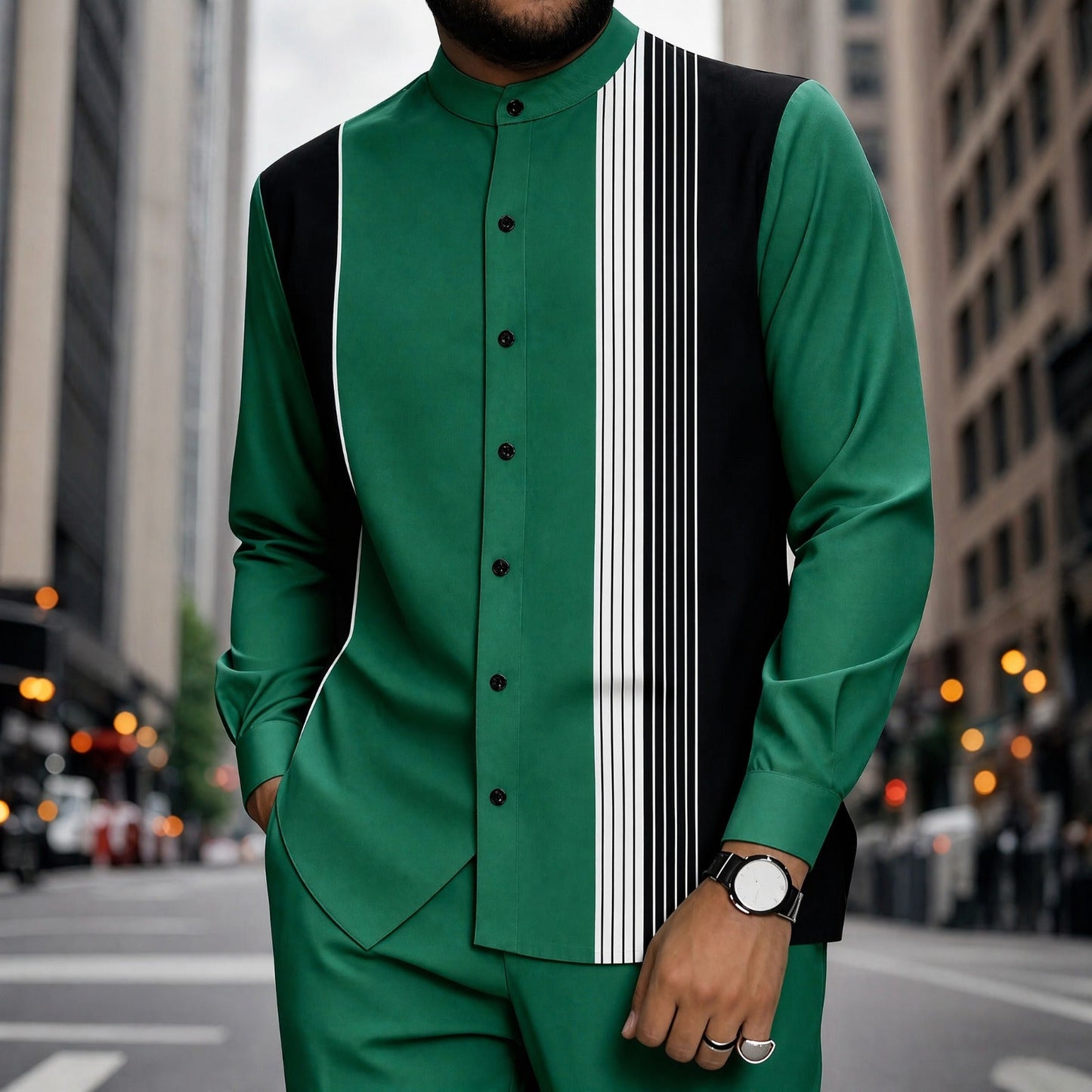 Conjunto Mumbai™ com Gola Mandarim e Detalhe Listrado Moderno