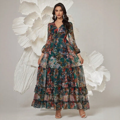 Vestido Orphélia™ com Estampa Artística Luxuosa e Camadas Fluídas