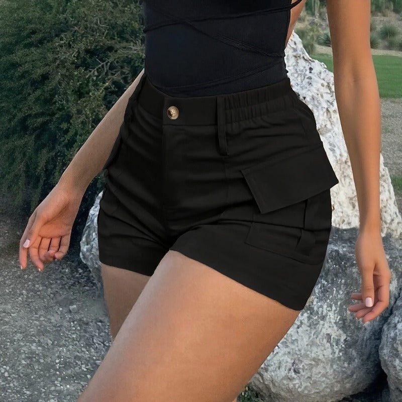 Shorts Nivara™ em Sarja Premium com Bolsos Cargo e Cintura Alta