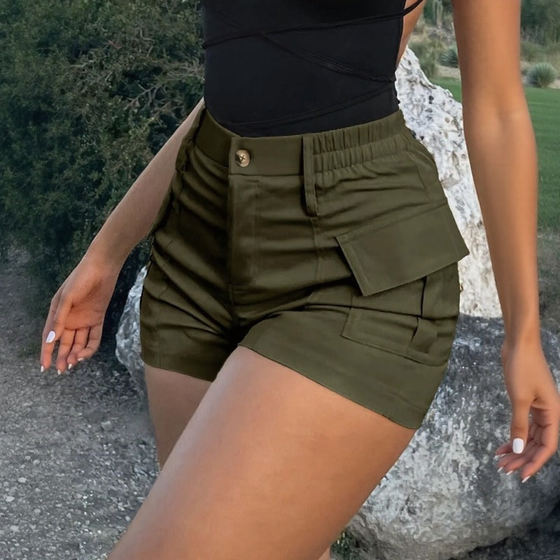 Shorts Nivara™ em Sarja Premium com Bolsos Cargo e Cintura Alta