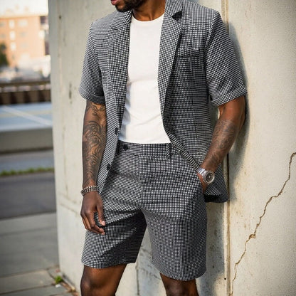 Conjunto Montreux™ em Alfaiataria com Blazer de Manga Curta e Bermuda Xadrez Clássica