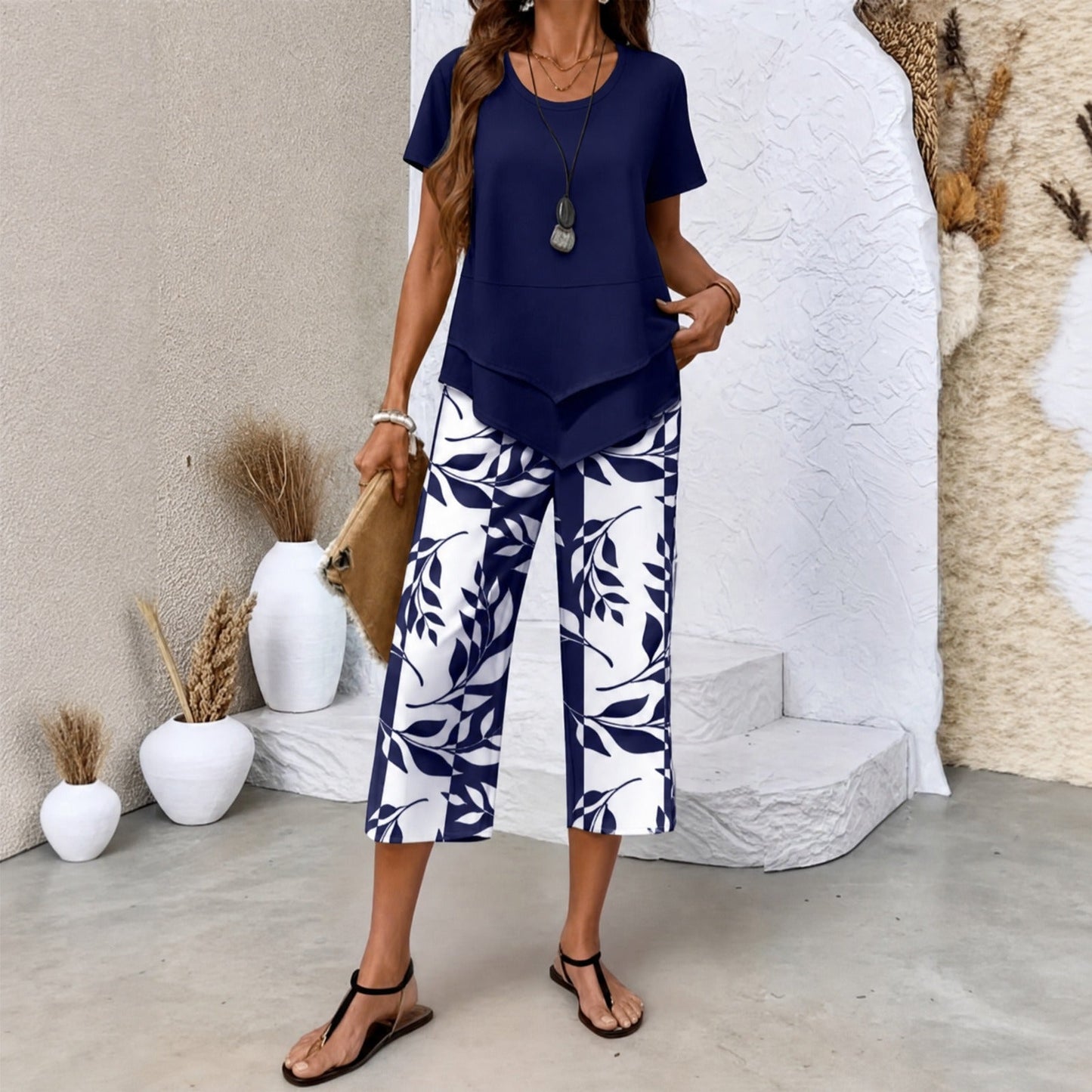 Conjunto Nativa™ com Blusa em Camadas e Calça Capri Estampada