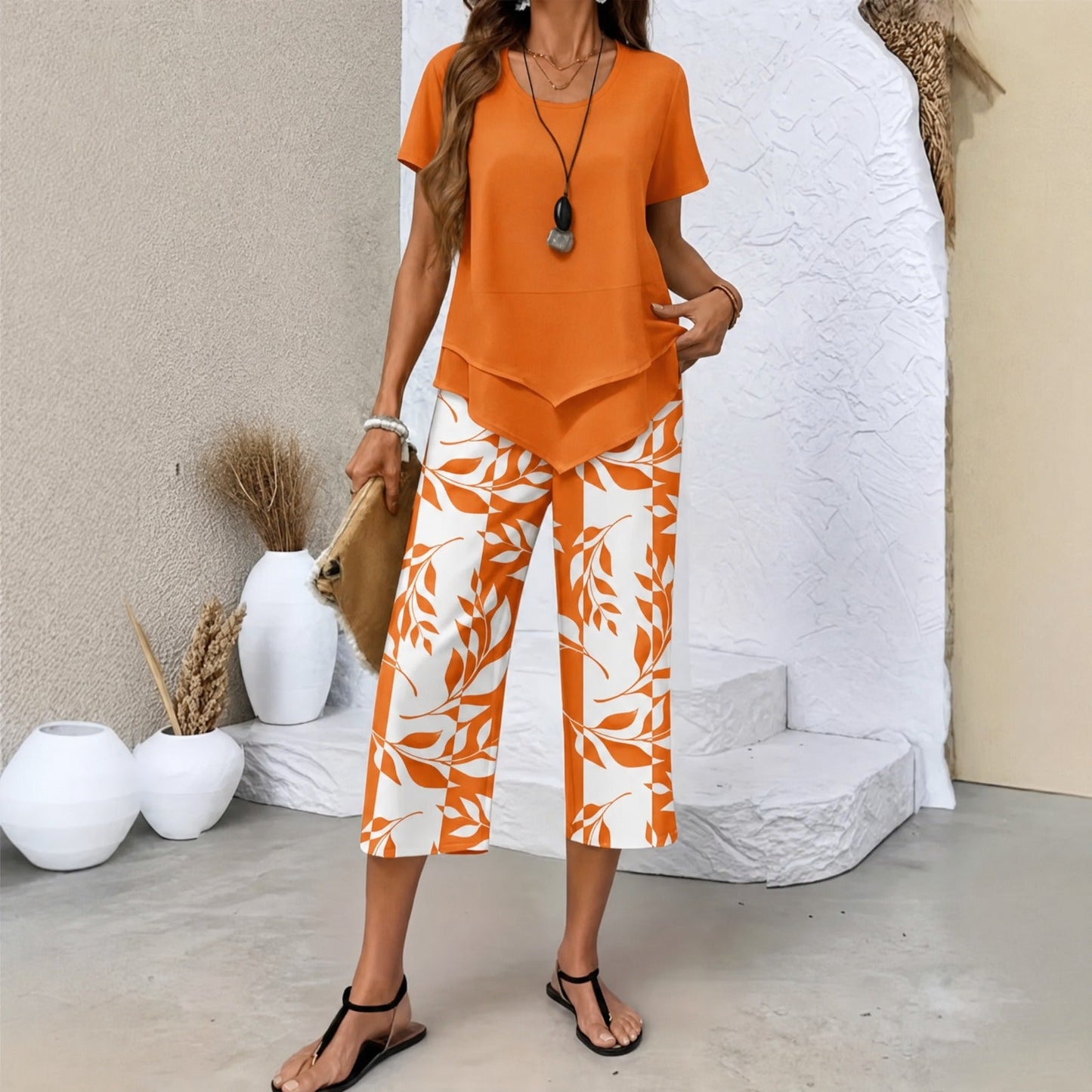 Conjunto Nativa™ com Blusa em Camadas e Calça Capri Estampada