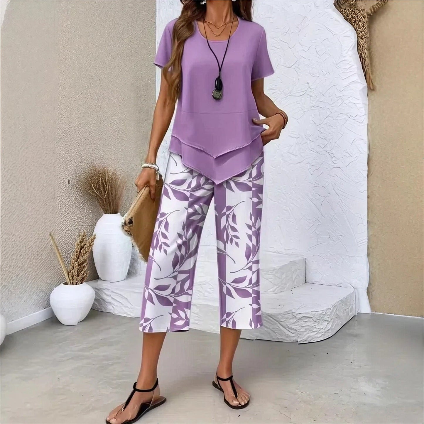 Conjunto Nativa™ com Blusa em Camadas e Calça Capri Estampada