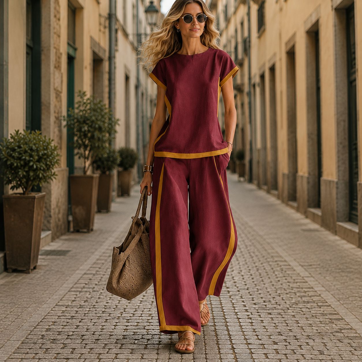 Conjunto Lissara™ com Blusa Minimalista e Pantalona com Linhas Alongadoras