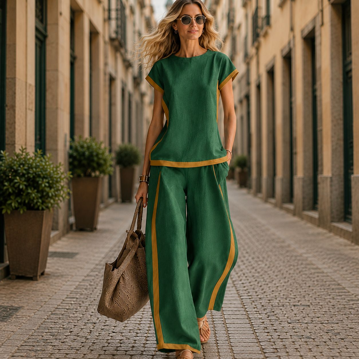 Conjunto Lissara™ com Blusa Minimalista e Pantalona com Linhas Alongadoras
